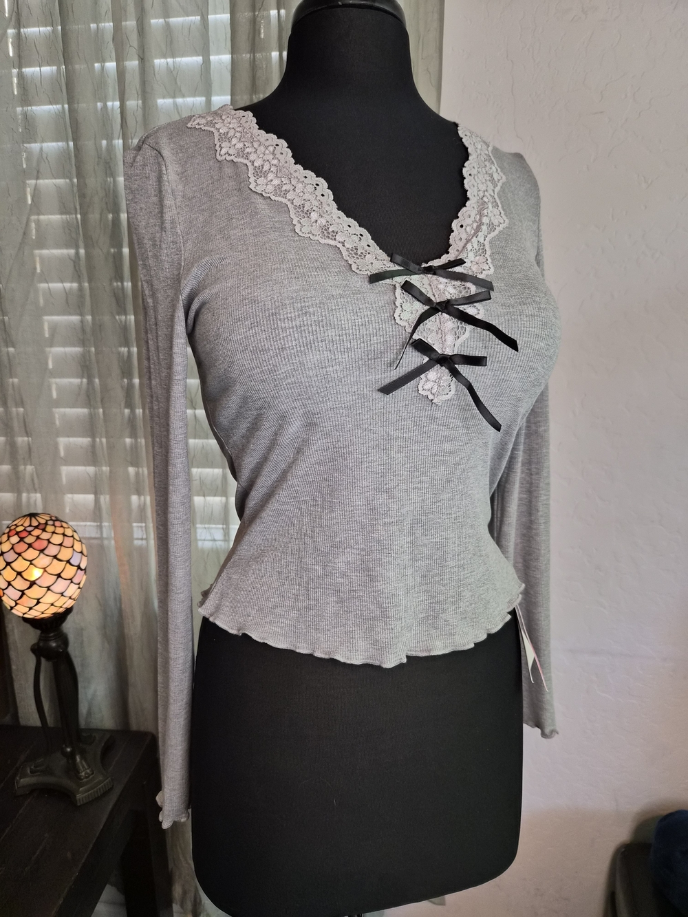 Cider Brand Ribbed Texture, White Lace Trim V-Neck #0246